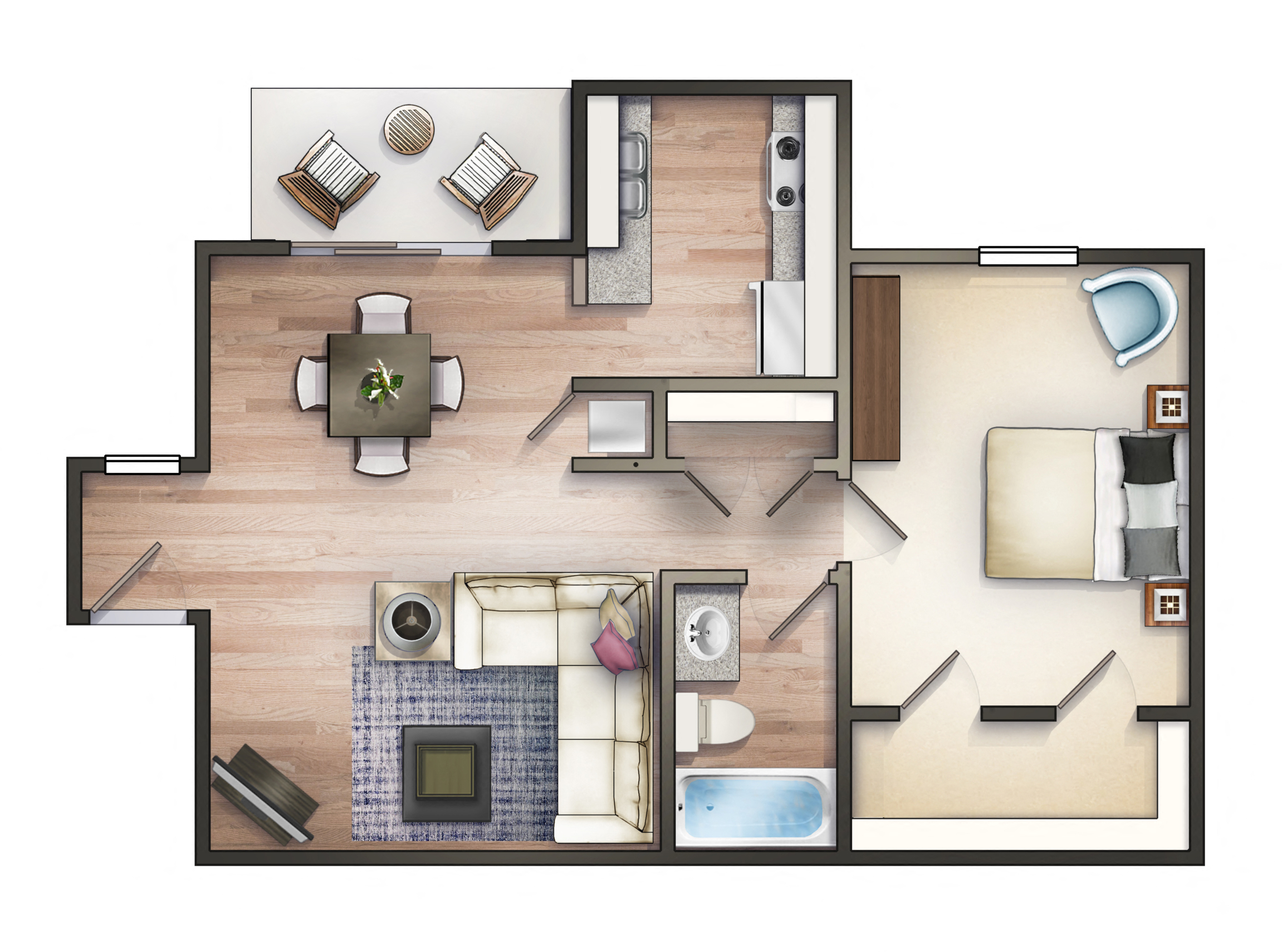 Floor plan for 1 bed, 1 bath, 675 sqft